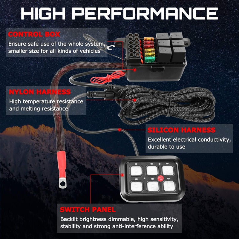 OFFROADTOWN لوحة مفاتيح أوف رود تاون 6 جينغ للتحكم في الدائرة بنظام ريلاي تلقائي قابل للتعتيم مع صندوق فيوز ومفتاح LED قابل للتشغيل والإيقاف، لوحة لمسية مقاومة للماء للشاحنات والسيارات وUTV وATV وSUV والقوارب البحرية - Image 5